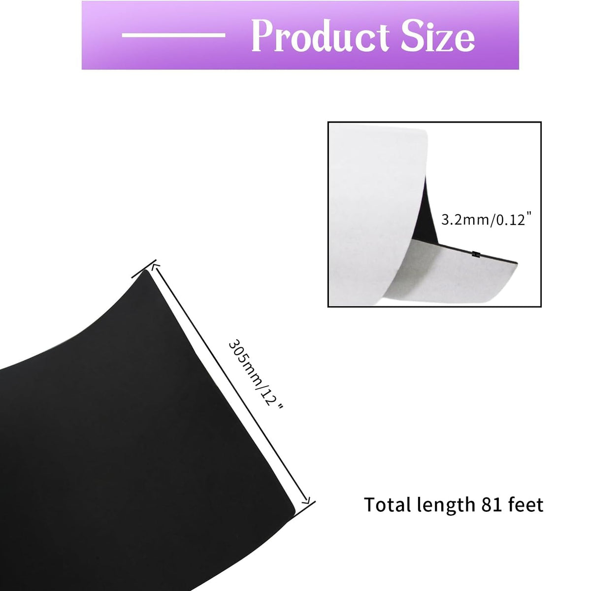 Closed Cell Foam Roll, 81 x 12 x 1/8 Inch Foam Rubber Sheet, Black