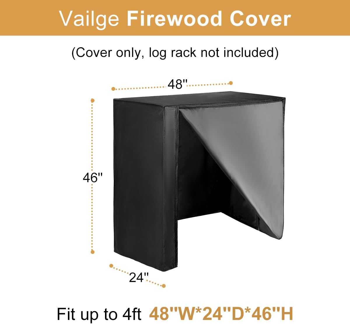 Firewood Rack Cover 4FT, Waterproof Firewood Rack Outdoor Cover with Full Front Zipper & Windproof Straps, Heavy Duty