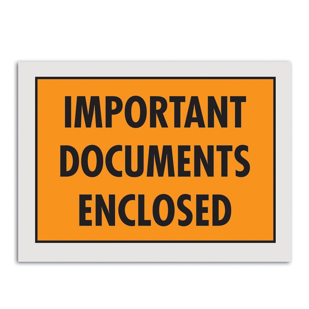 Orange Adhesive Side Loading Document Envelopes "Important Documents Enclosed", 5 1/4" x 7 1/2" for Attaching