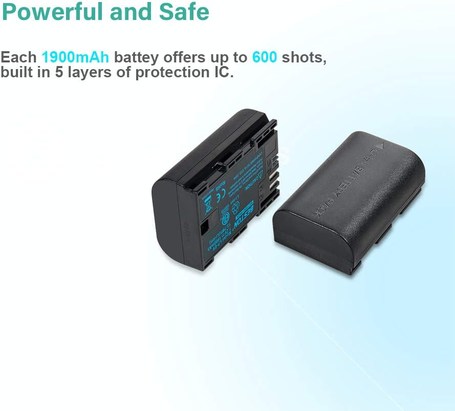 2-Pack of LP-E6N Batteries and Dual Battery Charger for Canon EOS R, R5,R6,R6 Mark II, EOS 60D 70D 80D 90D, 5D Mark