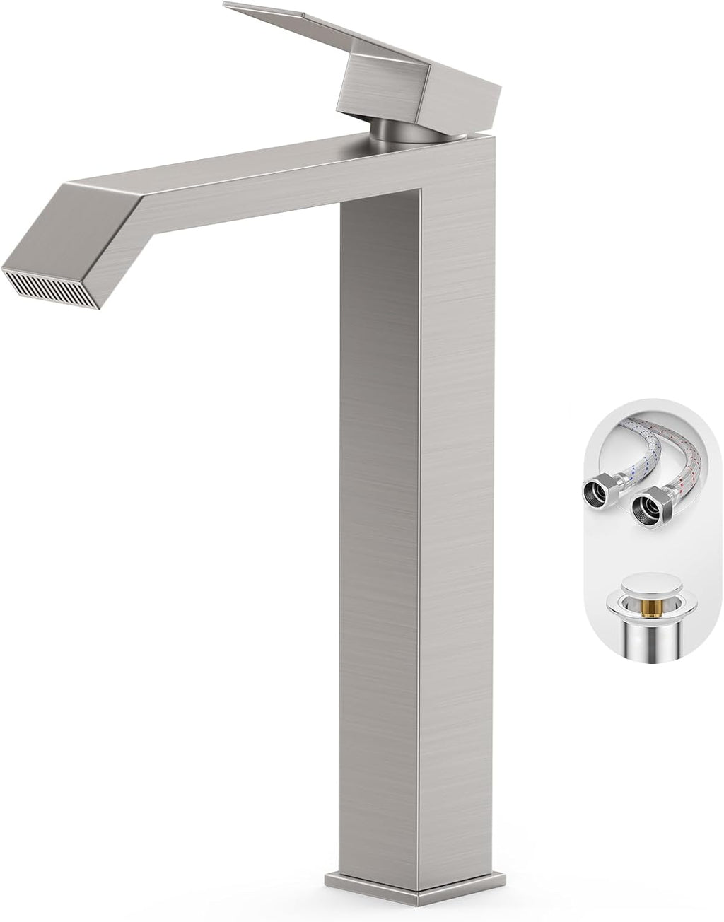 Brushed Nickle Single Hole Tall Vessel Sink Bathroom Faucet, Above Counter Single Handle Square Waterfall Vessel