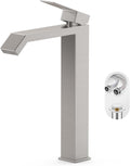 Brushed Nickle Single Hole Tall Vessel Sink Bathroom Faucet, Above Counter Single Handle Square Waterfall Vessel