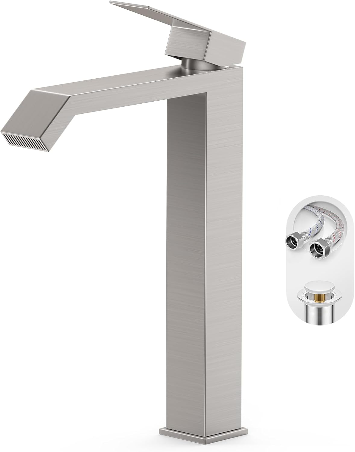 Brushed Nickle Single Hole Tall Vessel Sink Bathroom Faucet, Above Counter Single Handle Square Waterfall Vessel