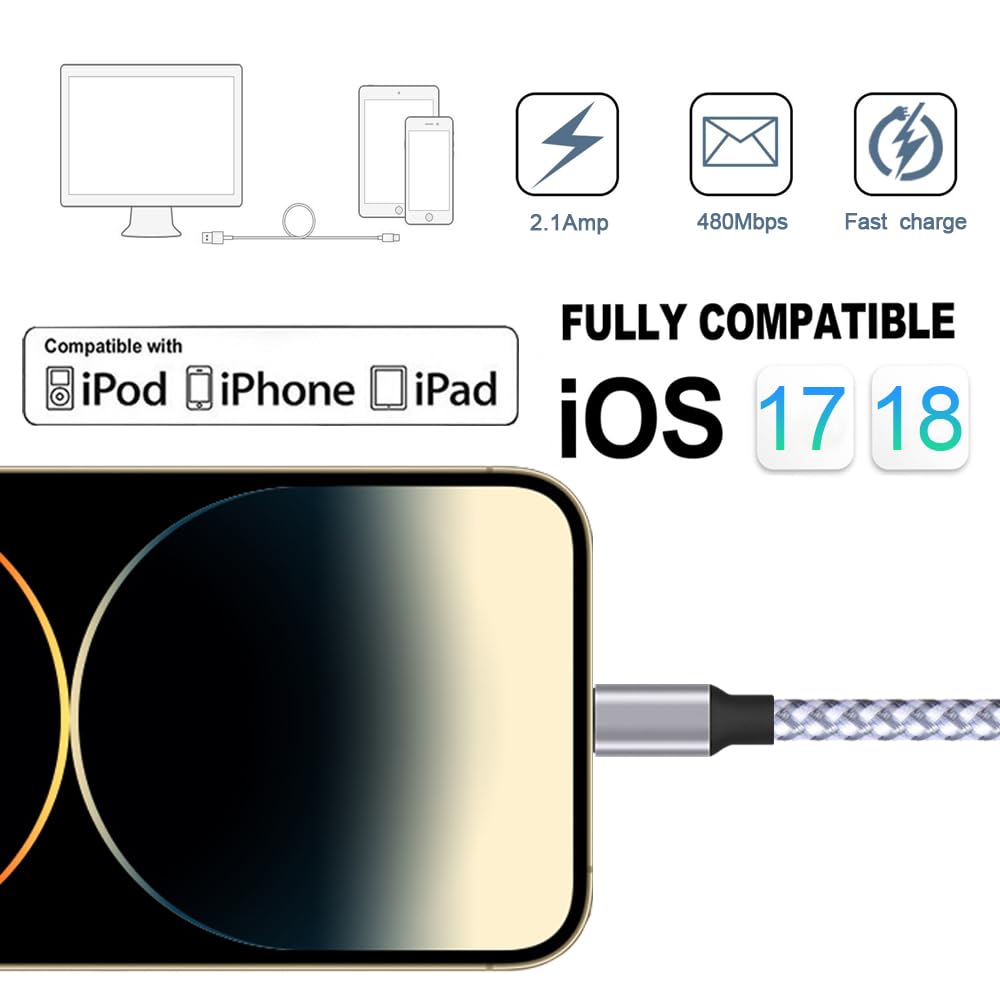 for iPhone Charger, [MFi Certified] Lightning Cable 3PACK 6FT Nylon Braided USB Charging Cable High Speed Transfer