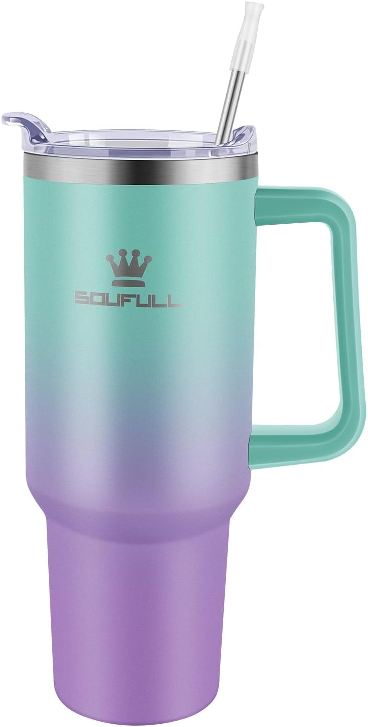 40 oz Tumbler with Handle and Straw Lid, 100% Leak-proof, GreenPurple | Stainless Steel Insulated Travel Coffee Cup