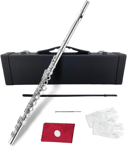Silver Plated 16-Hole C Flute - Perfect for Band & Young Musicians,Closed Hole Design for Easy Learning,Complete