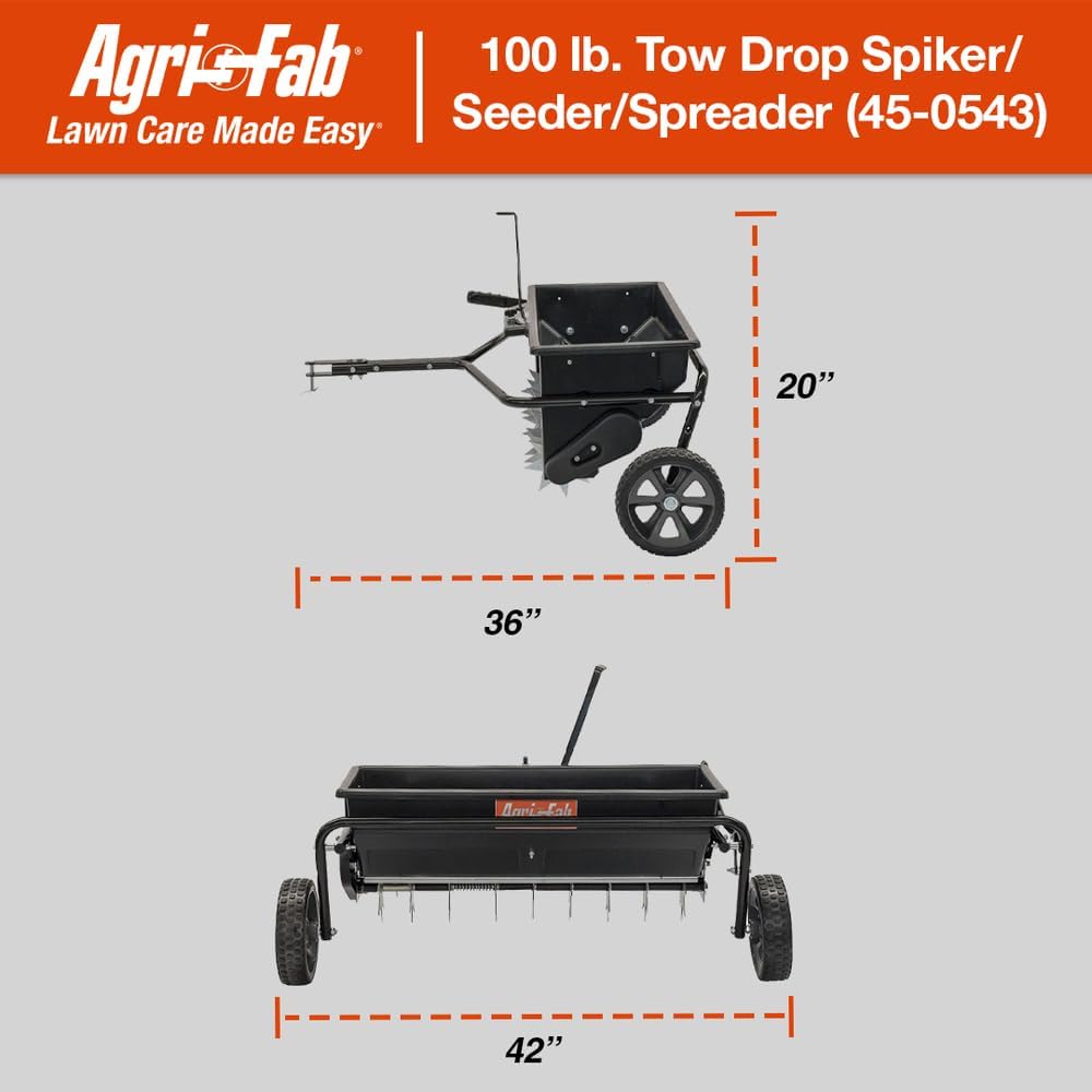 Tow Behind Spiker Seeder Drop Spreader for Seed, Fertilizer, Salt and Ice Melt, 100 lb Capacity with 32 In Working Width