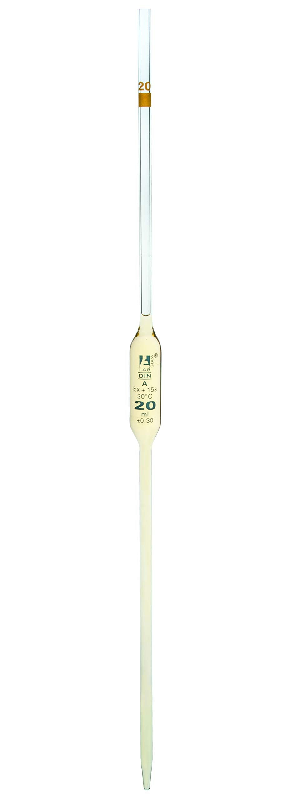 Volumetric Pipette, 20mL - Class A - Blue Markings - Yellow Coded - Borosilicate Glass