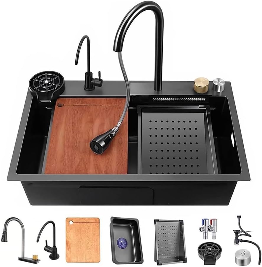 Black Waterfall Kitchen Sink, Drop in Single Bowl Stainless Steel Bar Sink with Cup Washer Sinks, Topmount