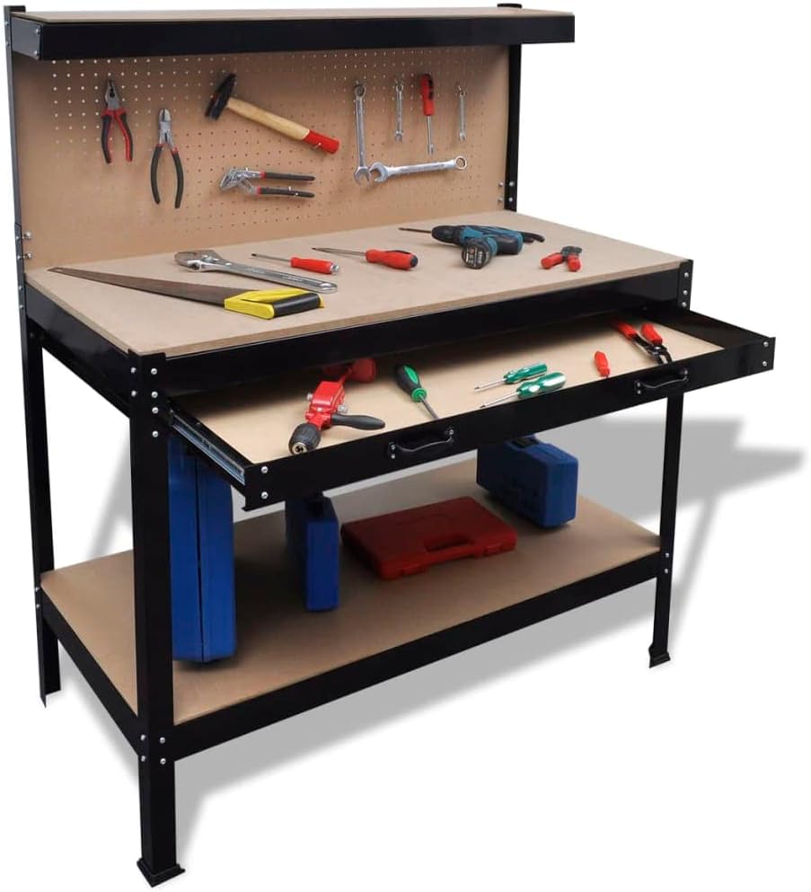Steel Workbench with Pegboard, Large Drawer and Bottom Shelf for Garage Workshop, Heavy Duty Tool Storage Table, Brown