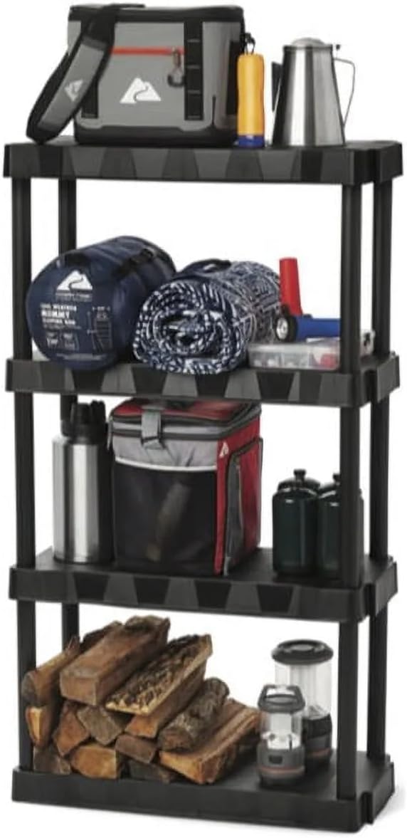 Heavy Duty 4-Tier Storage Shelving Unit, Black Plastic, 30 Inch Wide x 56.2 Inch High, 280 lb Capacity, Tool-Free