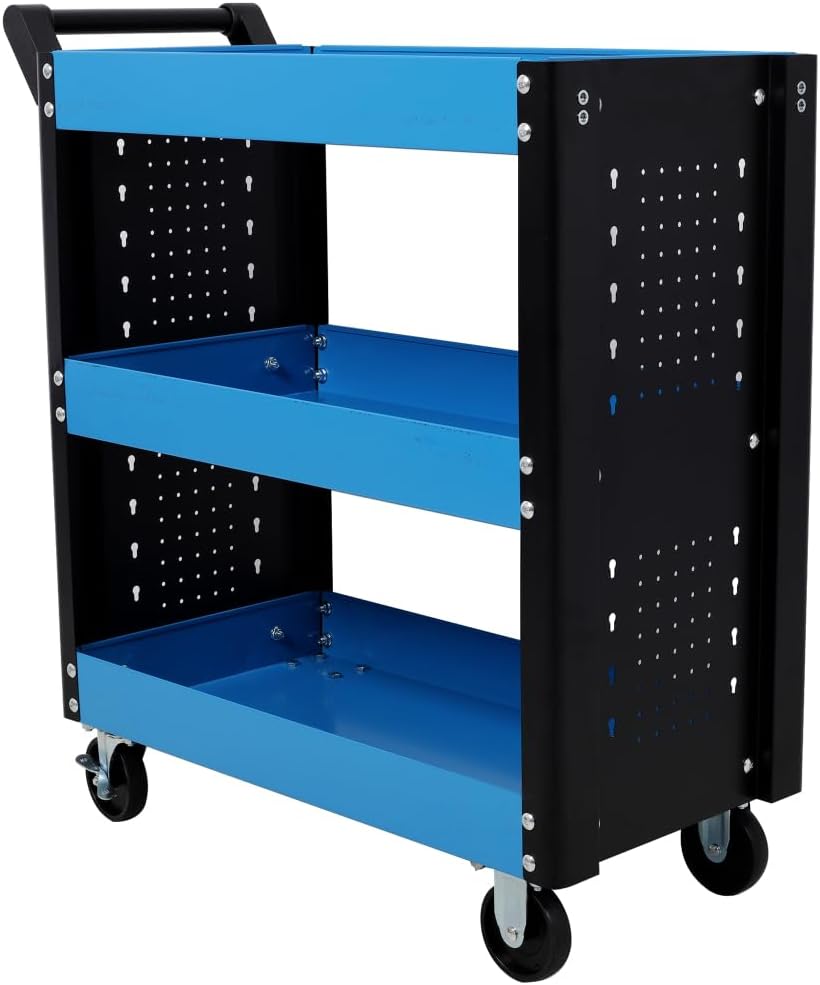 3 Tier Rolling Tool Cart on Wheels,Heavy Duty Utility Tool Cart with Pegboard for Repair Shop, Garage, Warehouse (Blue)
