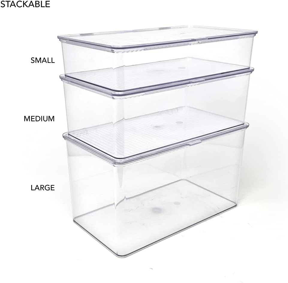Medium Stackable Organizer Bin (10.75”x6.5”x3.7”) w/ Hinged Lid, Clear Storage Box, Home, Office, School, Fridge