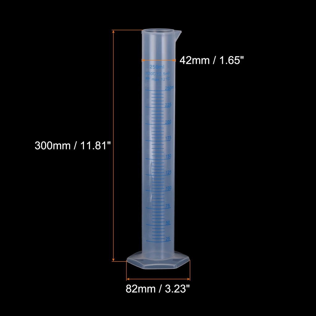 Plastic Graduated Cylinder, 250ml Measuring Cylinder, Test Tube Beakers, 2-Sided Metric Marking, Clear Hex Base for