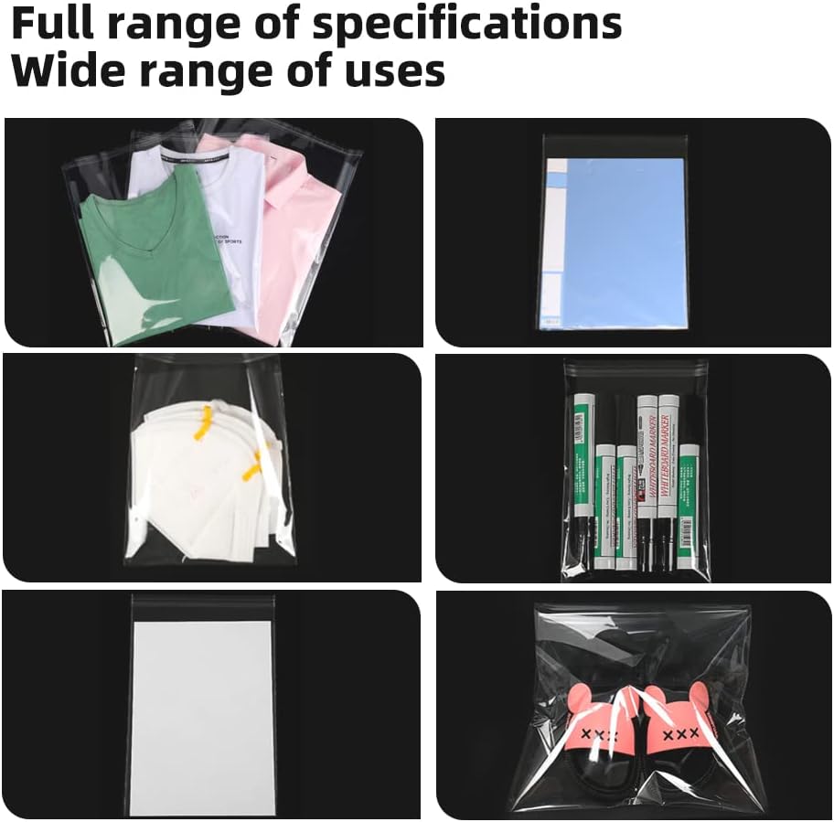 Self Sealing Cellophane Bags, Clear, 9x12 in, 100 Pcs