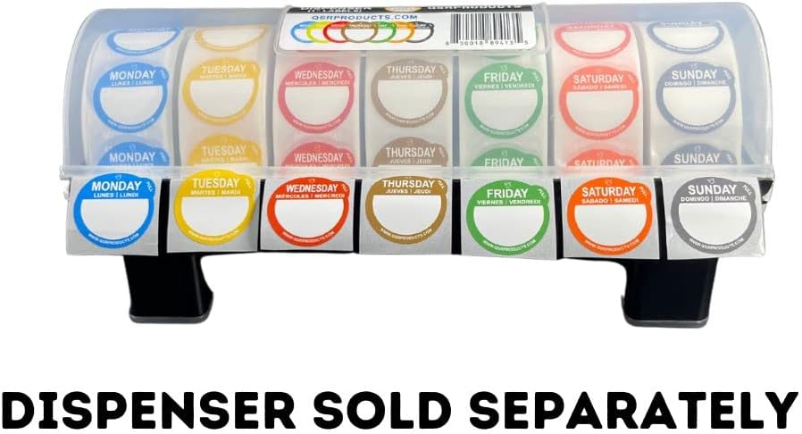 Removable Day Label - 1 inch - Peel Tab - Week (Mon-Sun) (7000 Stickers) - Food and Restaurant Day Dots - FIFO