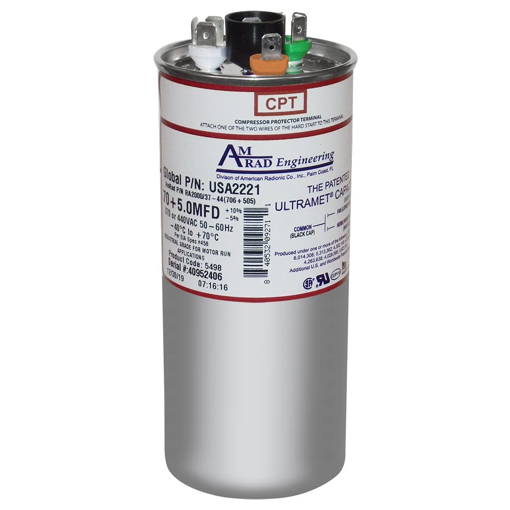 Goodman CAP050700440CT Replacement - 70 + 5 uf/Mfd 370/440 VAC AmRad Round Dual Universal Capacitor, Made in The U.S.A.