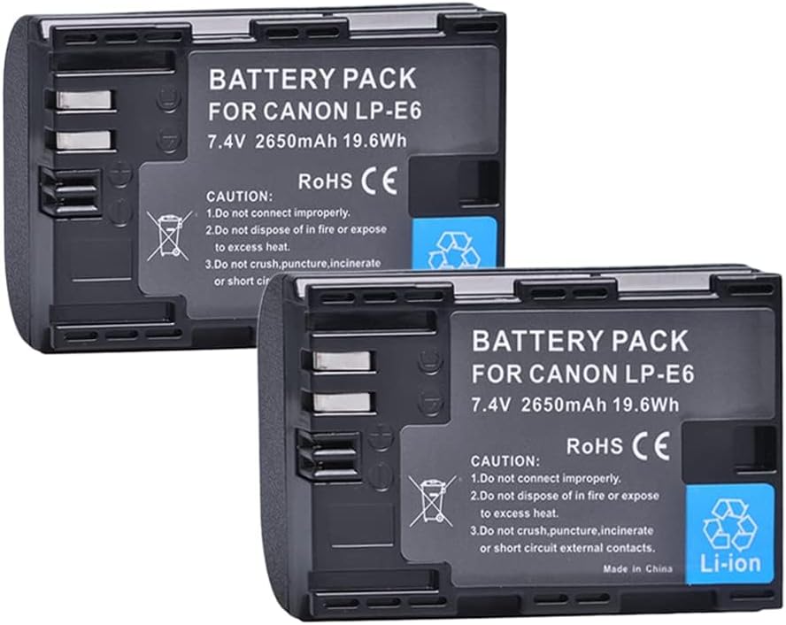2Pcs 2650mAh LP-E6 LP-E6N Battery + LED Dual Charger for Canon EOS R, R5, R6, Ra, XC10, XC15, 5D Mark II/III/IV, 5DS