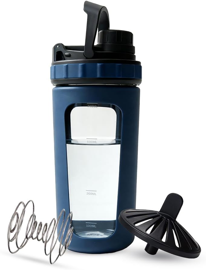 BYLWORKOUT 26 oz Glass Shaker Bottle with Silicone Sleeve and Mixing Ball