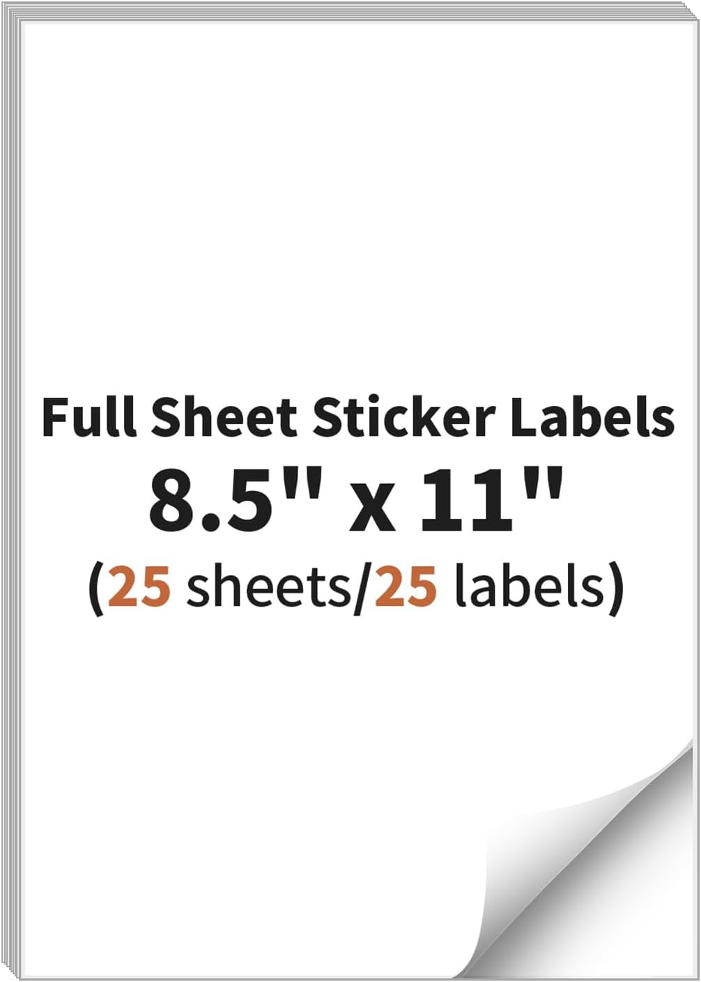 Full Sheet Sticker Labels, 8.5" x 11" Shipping Label - 25 Sheets, 25 Labels