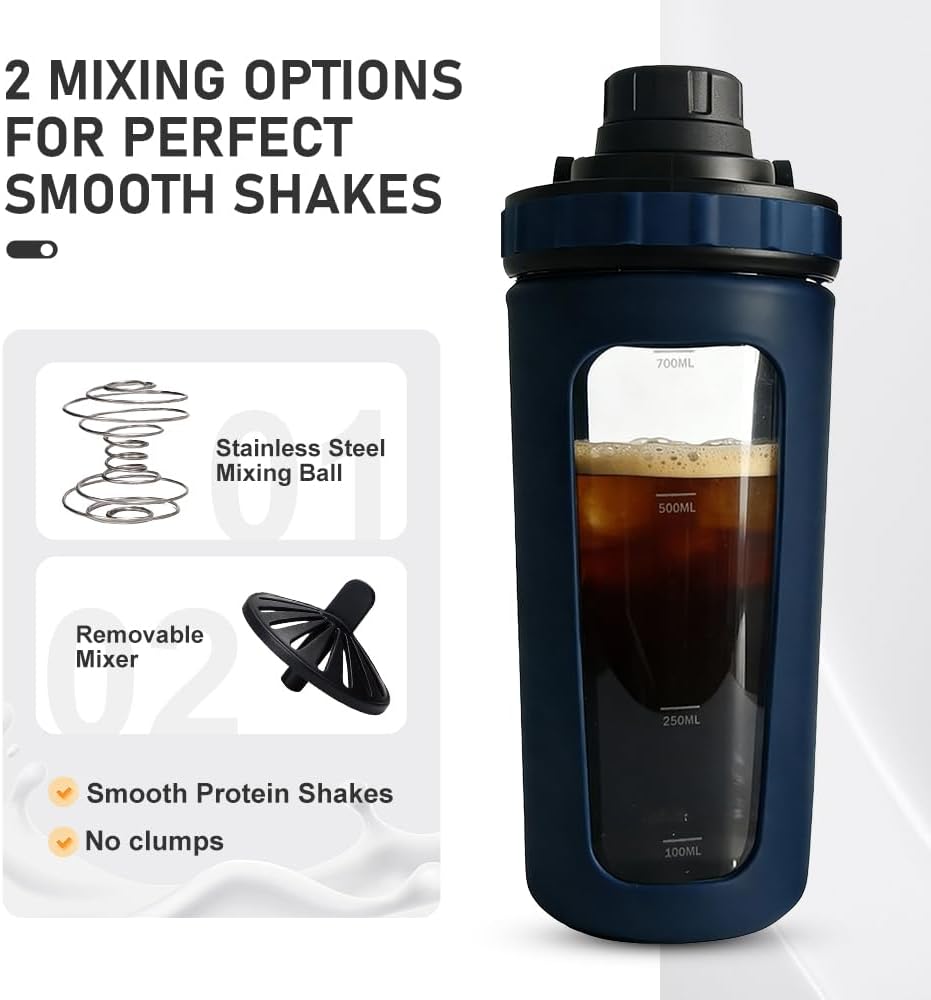 BYLWORKOUT 26 oz Glass Shaker Bottle with Silicone Sleeve and Mixing Ball