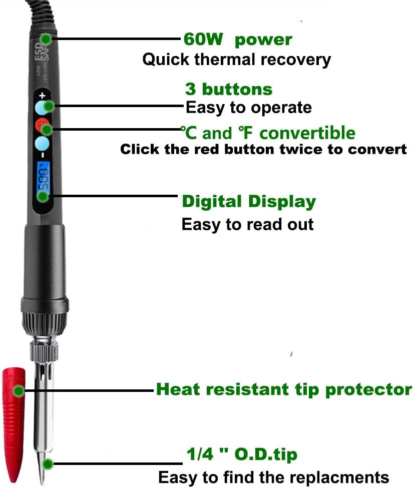 60W Digital Soldering Iron Heat Set Insert Tool with Extra Soldering Tips and Heat Set Insert Tips