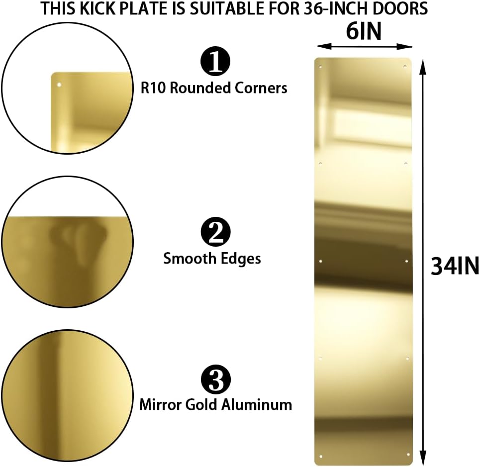 Door Kick Plate, 6" x 34" AL KickPlate, Fits 36" Doors, Gold Mirror Finish | Screw Mount Installation, Rounded