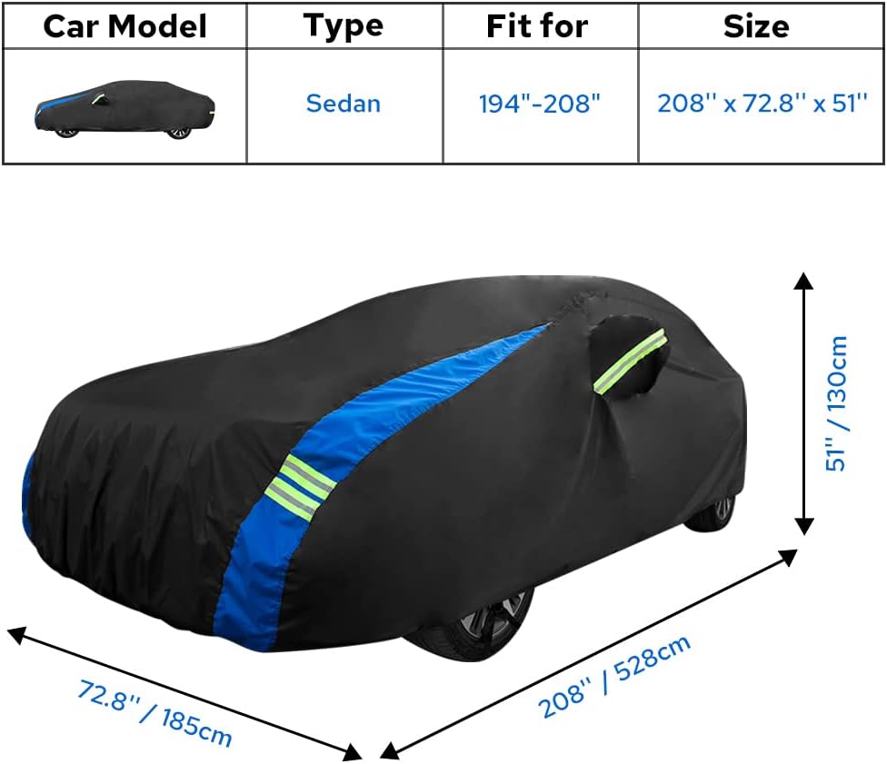 Car Cover Waterproof All Weather for Automobiles, Outdoor Heavy Duty Full Exterior Covers for Sedan(194"-208")