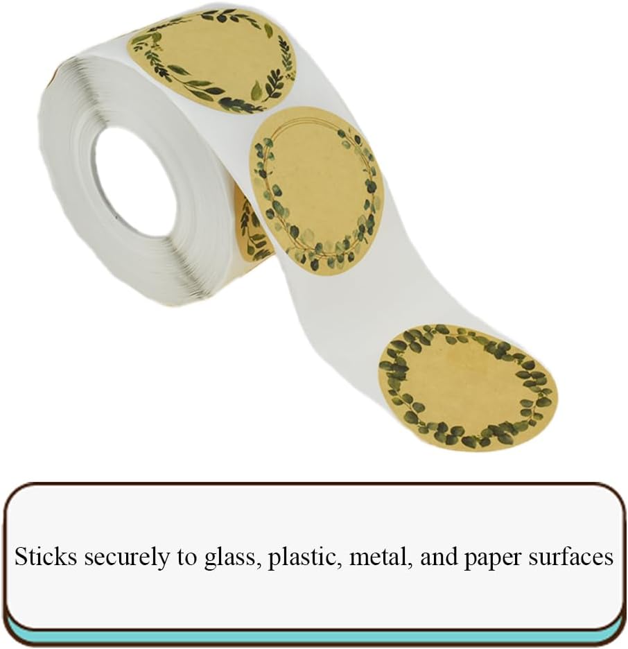 2In 500P Round Natural Brown Kraft Stickers with Green Leaf Wreath Design - 4 Unique Styles Blank Kraft Labels Roll
