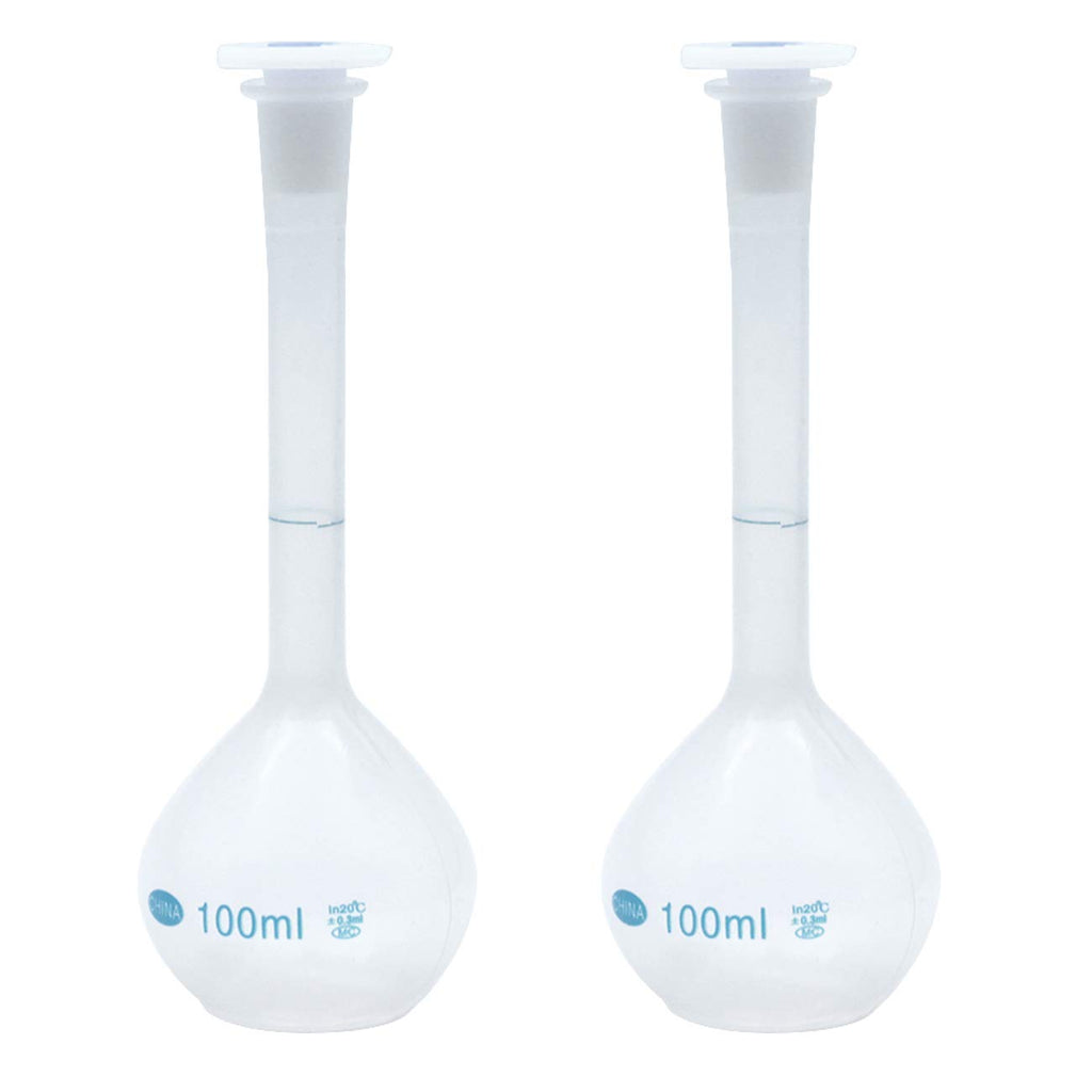 2Pcs 100ml Plastic Lab Volumetric Measuring Flasks with Snap Caps