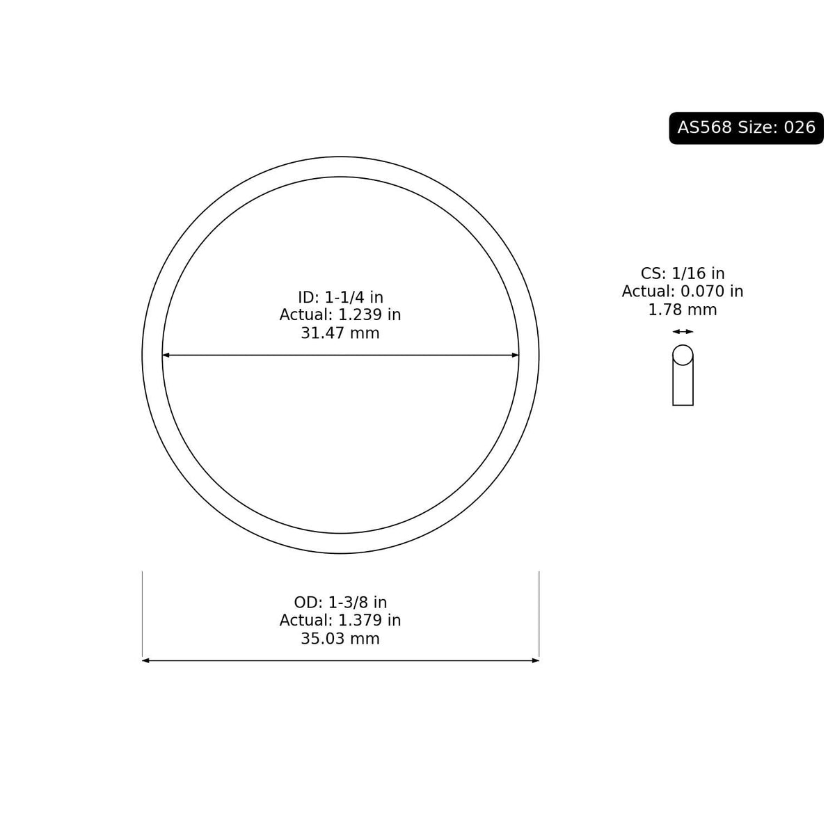 100 PK AS-026 Buna-N O-Ring, 70A 1-1/4" ID, 1-3/8" OD, 1/16" Width, Black
