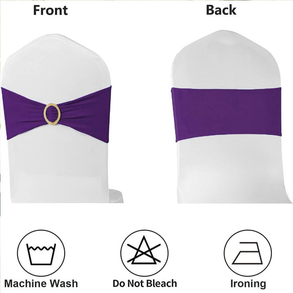 Purple Chair Sashes 50 Pack with Gold Buckle Slider, Spandex Chair Bows Bands for Folding Chairs Wedding Party