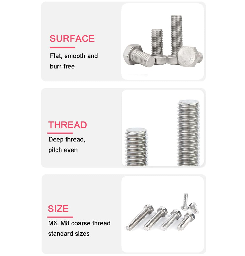cSeao 20pcs 1/4-20 x 1/2" Hex Head Bolts, Plain Finish, 304 Stainless Steel