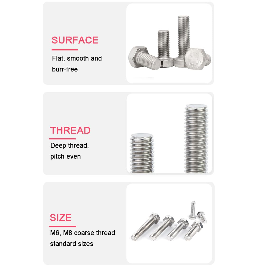 cSeao 20pcs 1/4-20 x 1/2" Hex Head Bolts, Plain Finish, 304 Stainless Steel
