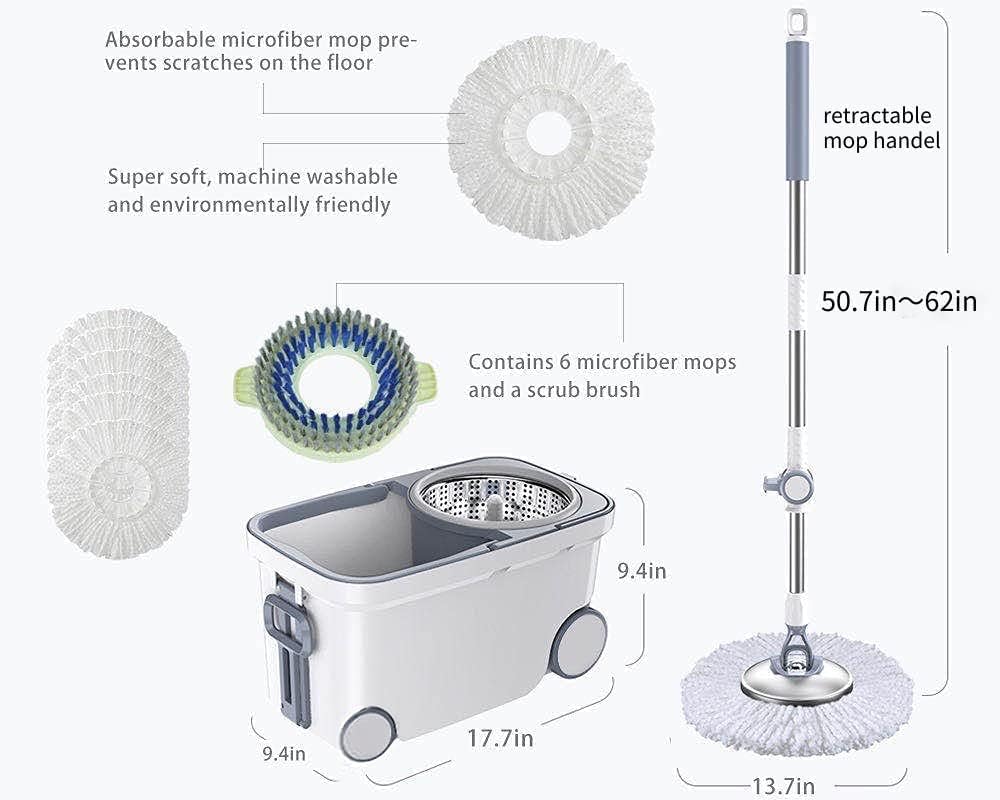 Spin Mop Bucket Deluxe 360 Spinning Floor Cleaning System with 6 Microfiber Replacement Head Refills,62" Extended