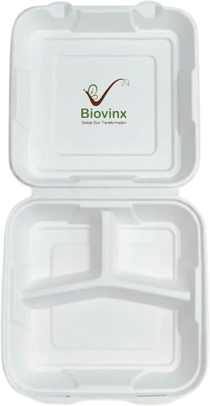 9"x9" 3-Compartment Sugarcane Bagasse Clamshell Containers – 50 Pack Heavy Duty Compostable Food Containers, Eco