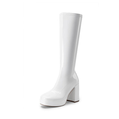 Women's Gogo Knee High Chunky Heel Boots,Size 11,White-Pat
