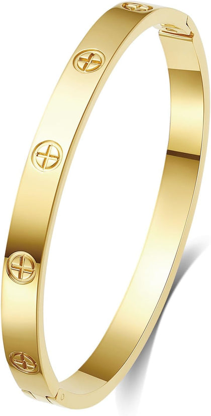 18K Gold-Plated Love Bangle Bracelets for Women, Silver Cross Bangle Bracelets, Waterproof Stainless Steel Friendship