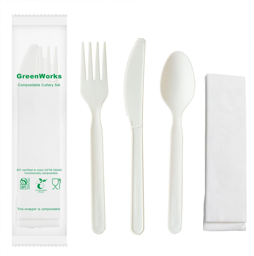 7" Heavy-duty Compostable Cutlery Kits, BPI Certified, 200 Sets (Fork, Spoon,Knife,Napkin 4 in 1) Individually