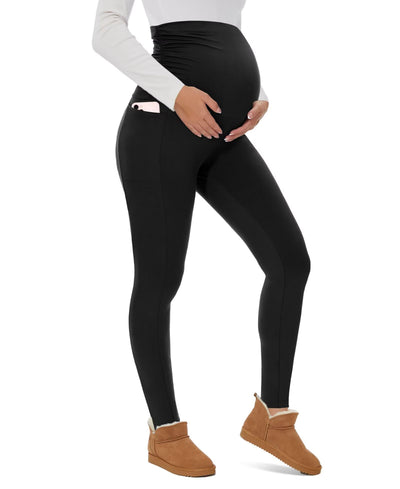 Women’s Maternity Fleece Lined Leggings with Pockets Warm Winter