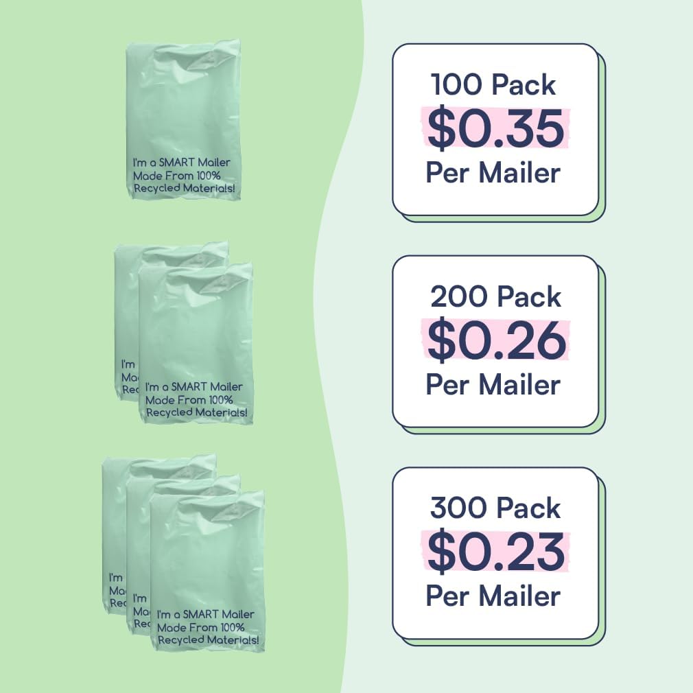 100 Count, 10x13 inch 100% Recycled Poly Mailers Eco Friendly Packaging Envelopes Supplies Mailing Bags 2.5 Mil Thick