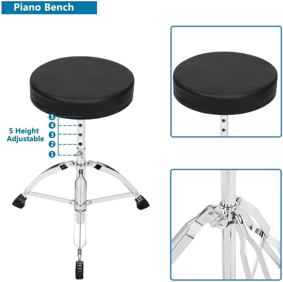22 Inch Complete Adult Drum Set, 5-Piece, Black | Beginner Drums Kit, with Cymbal Stands, Hi-hat Stand, Sticks, Drum