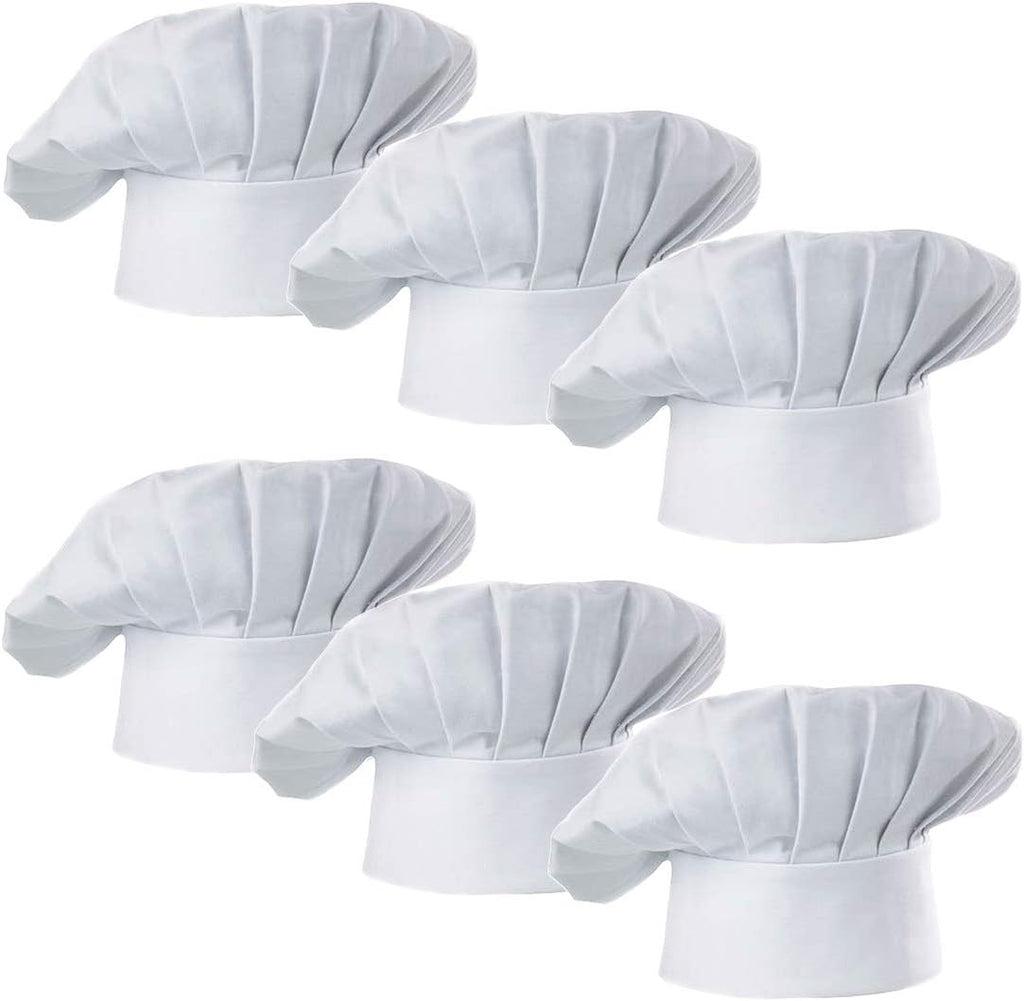Chef Hat Set of 6 PCS Pack Adult Adjustable Elastic Baker Kitchen Cooking Chef Cap (White)