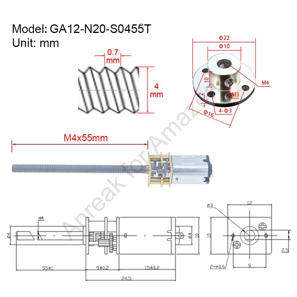 2Pcs DC 12V 300RPM M4 x 55mm 3-12V 20-3000RPM N20 Motor with Gear Reduction for Precision, Threaded Rod Motor for 3D Printers (12-300)