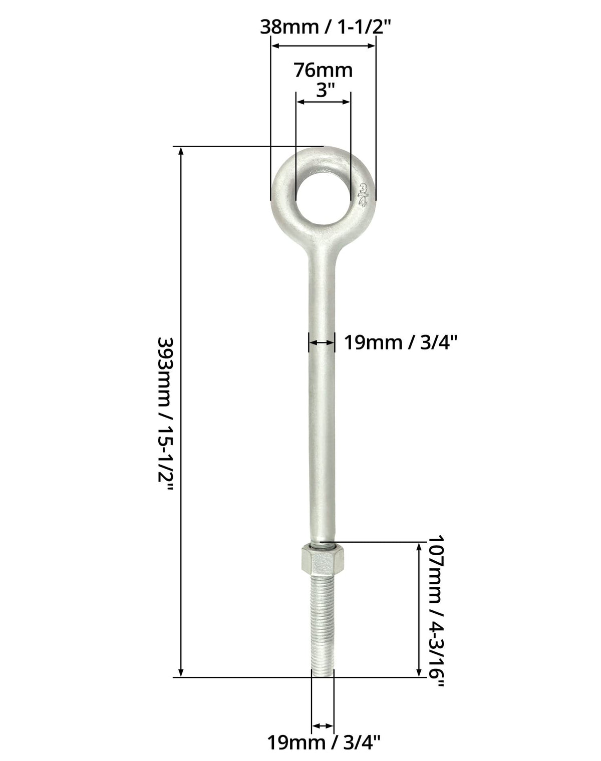 QWORK Eye Bolt with Nuts, 3/4'' x 12" Galvanized Eye Bolt, 4 Pack