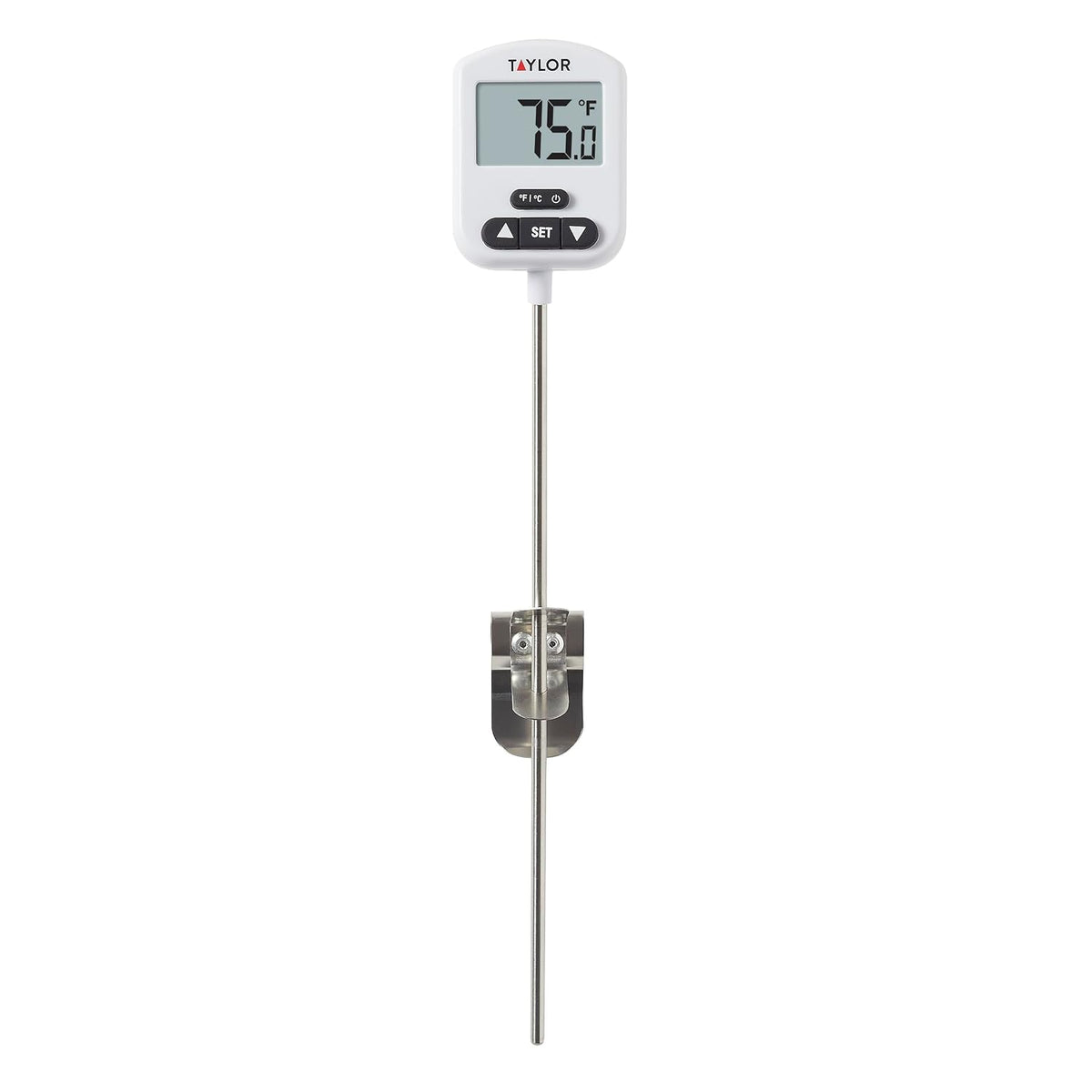 Programmable Digital Candy and Deep Fry Thermometer with Green Light Alert Display, Long Stem, and Adjustable Pan