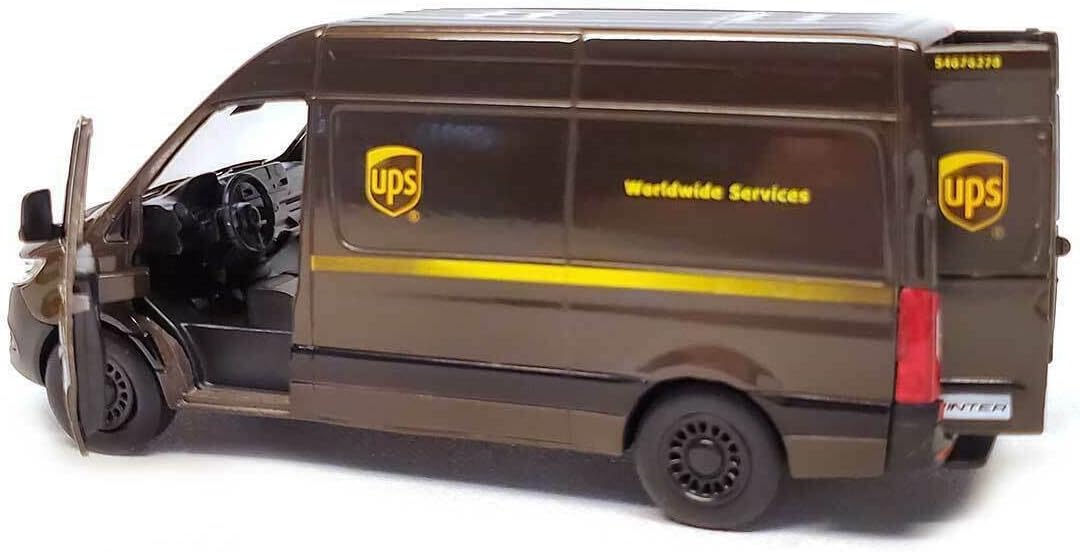Mercedes-Benz Sprinter UPS Edition Cargo Van, 1:48 O Scale Die Cast Metal Model Toy Van, Pull-Back Action