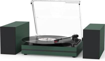 Vinyl Record Player with 2 External Speakers,Dark Matte Green | Belt-Drive Turntable,2 Stereo Bookshelf Speakers,LP