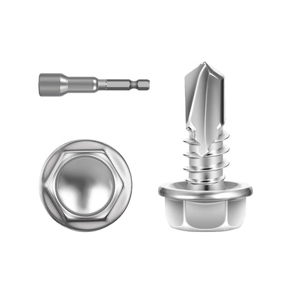 #8 x 5/8" (300 PCS) Sheet Metal Screws, Hex Washer Head Self Drilling Screw, 410 Stainless Steel Flanged Fast Self