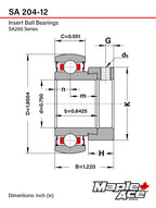 MAPLE ACE SA204-12 / GRA012-NPPB / GRA012RRB Insert Bearing 3/4" Bore Qty 2